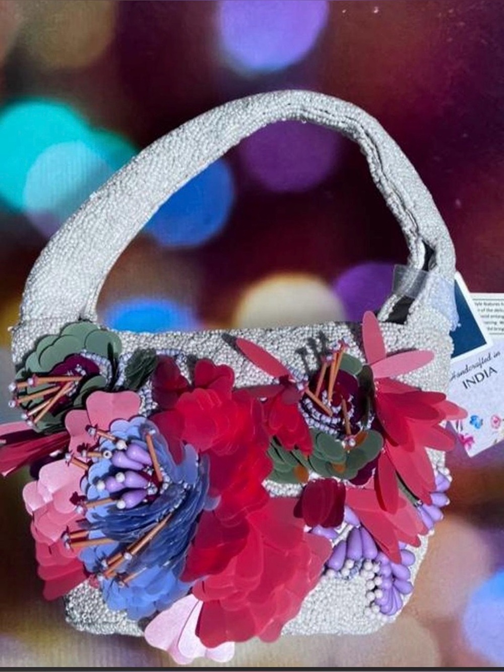 NWT Viral Handcrafted in India Beaded Floral Bucket Bag Multicolor small